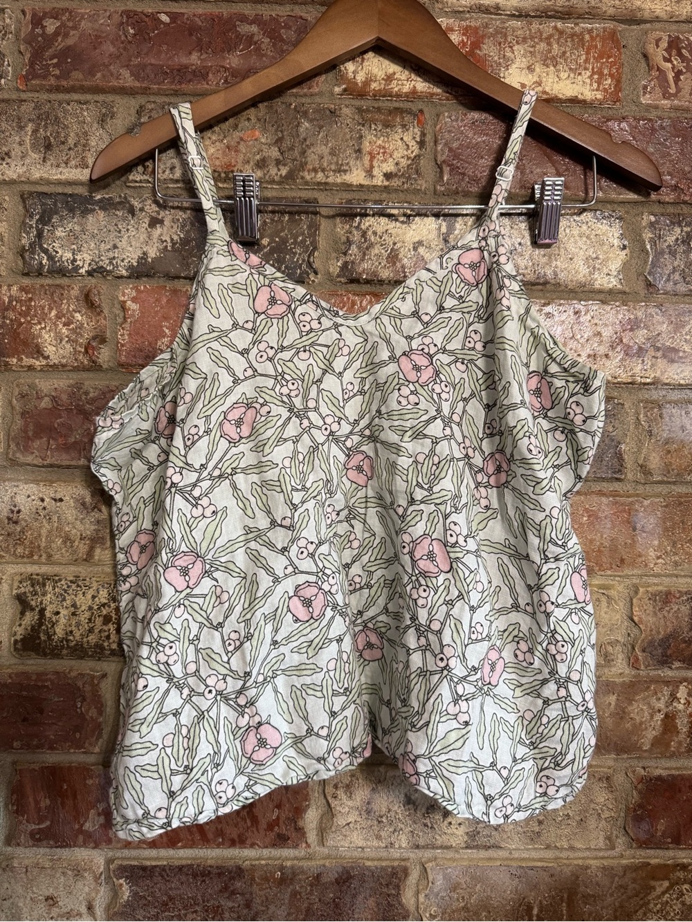 Flax linen Floral Spaghetti-Strap Tank Top - Pale Green & Light Pink